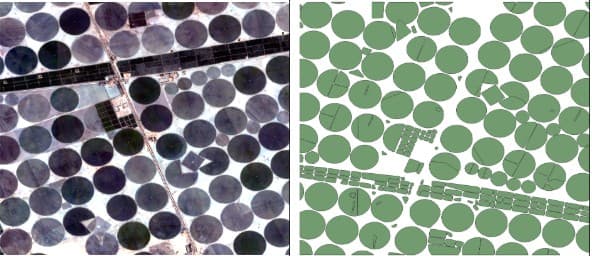 Centre-pivot fields in imagery and the same fields as detected boundary polygons