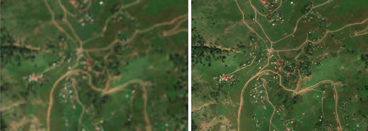 Side-by-side satellite image at native resolution and after super-resolution